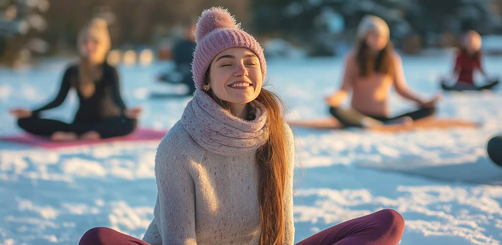 Eine junge Frau sitzt lächelnd im Schneelotossitz auf einer Yogamatte im Freien, umgeben von weiteren Personen, die ebenfalls Yoga im Schnee praktizieren.