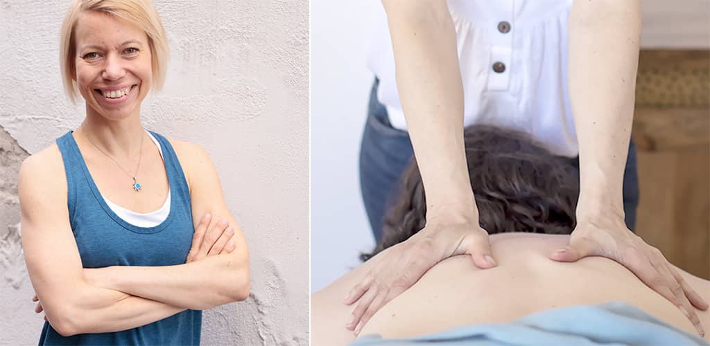 Dreiteiliges Bild: links lächelnde Yohalehrerin und -therapeutin MAja Sidebaeck in Sporttop, mittig Rückenmassage, rechts Lavendel, Kerzen und Öle als Symbol für Entspannung und ganzheitliche Therapie.