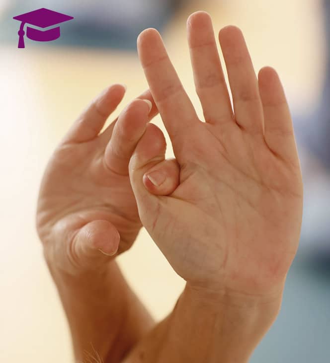 Zwei Hände in einer Meditationsgeste (Chin Mudra) vor unscharfem, ruhigem Hintergrund mit Yoga-Matte; oben links das lila Doktorhut-Symbol der Yogaplus Academy Mainz.