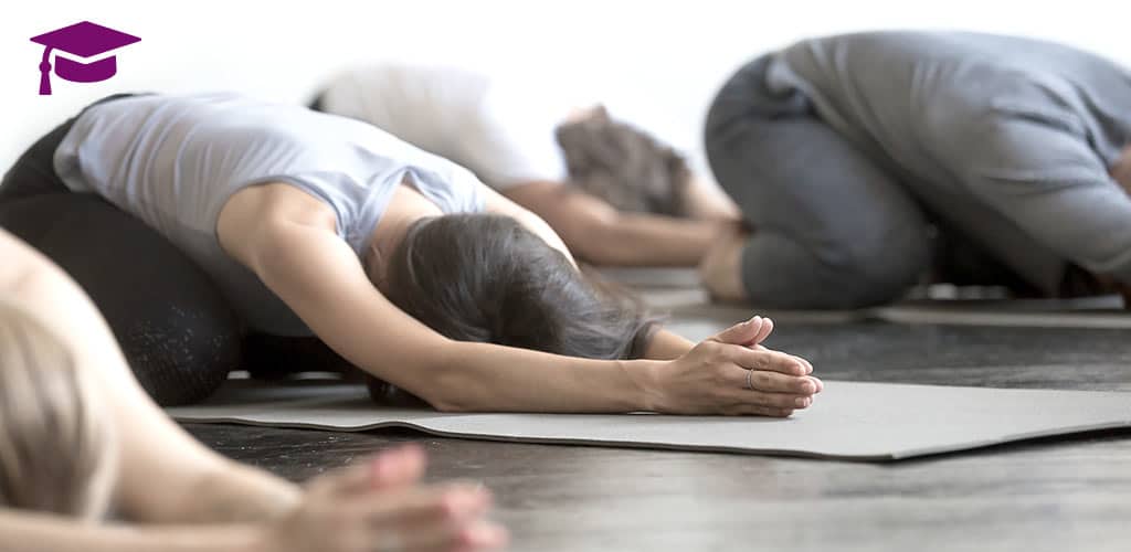 Yogaschüler knieen auf ihren Matten und haben mit flach vorgebeugtem Oberkörper und nach vorne gestreckten Armen ihre Köpfe auf der Matte abgelegt und praktiziert Yin Yoga