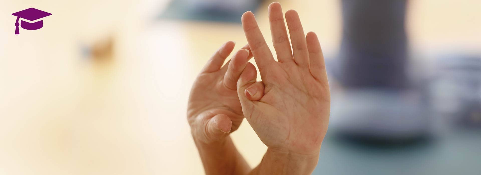 Zwei Hände in einer Meditationsgeste (Chin Mudra) vor unscharfem, ruhigem Hintergrund mit Yoga-Matte; oben links das lila Doktorhut-Symbol der Yogaplus Academy Mainz.