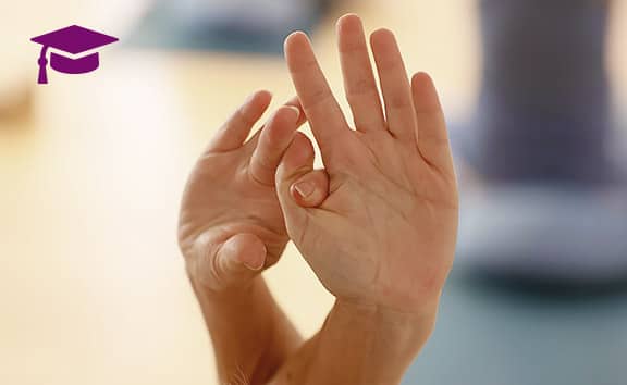 Zwei Hände in einer Meditationsgeste (Chin Mudra) vor unscharfem, ruhigem Hintergrund mit Yoga-Matte; oben links das lila Doktorhut-Symbol der Yogaplus Academy Mainz.