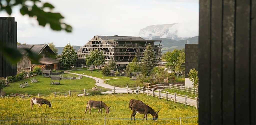 Modernes Alpenhotel 'Naturhotel Pfösl' in Südtirol mit seiner geometrischer Fassade, davor Wiesen mit weidenden Eseln, Holz­zäunen und Liegen; im Hintergrund Wälder und nebelverhangene Berge.
