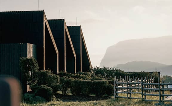 Moderne, dunkle Holzchalets mit spitzen Dächern des Naturhotels Pfösl, im Hintergrund der Waldrand und sanfte Bergsilhouette im Abendlicht.