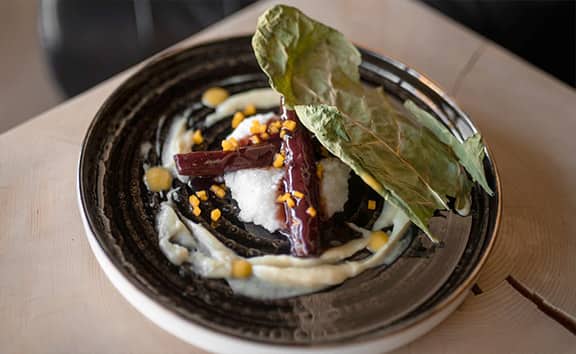 Ästhetisch angerichtetes Gourmetgericht auf einem dunklen Teller mit püriertem Gemüse, eingelegtem Rote-Bete-Streifen, dekorativen Saucenkreisen und einem großen Blatt als Garnitur.