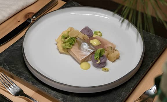 Fein angerichtetes Fischgericht mit Gemüse und Püree in modernen Farben auf einem weißen Teller.